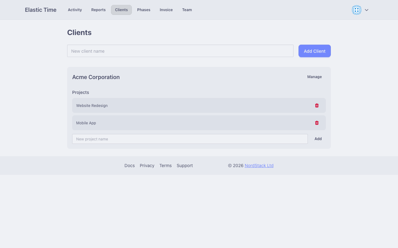 Clients list with projects